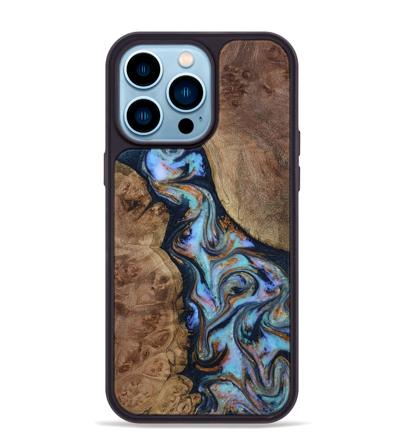iPhone 14 Pro Max Wood Phone Case - Merritt (Teal & Gold, 807964)