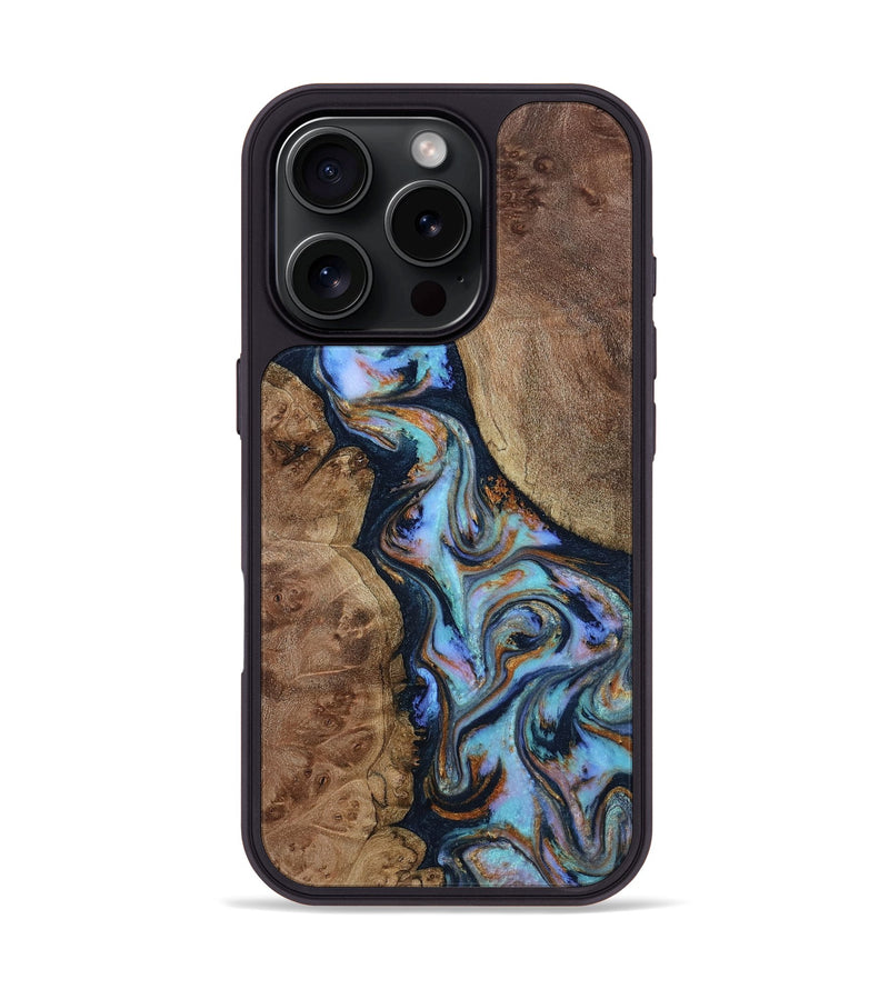 iPhone 16 Pro Wood Phone Case - Merritt (Teal & Gold, 807964)
