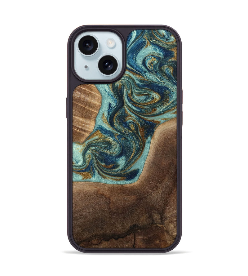 iPhone 15 Wood Phone Case - Malani (Teal & Gold, 807965)