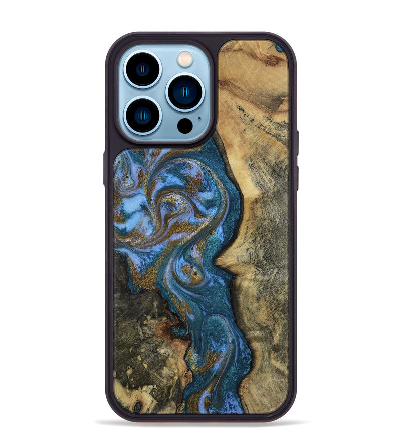 iPhone 14 Pro Max Wood Phone Case - Demi (Teal & Gold, 807970)