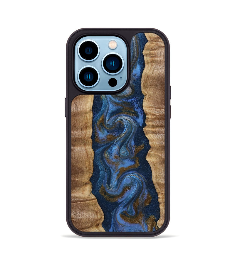 iPhone 14 Pro Wood Phone Case - Greta (Teal & Gold, 807983)