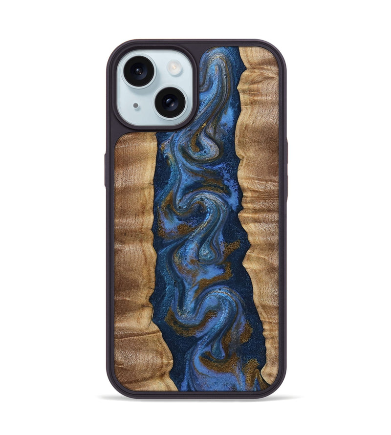 iPhone 15 Wood Phone Case - Greta (Teal & Gold, 807983)