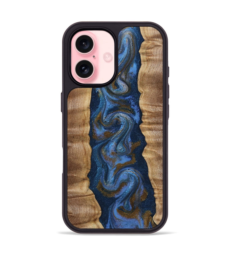 iPhone 16 Wood Phone Case - Greta (Teal & Gold, 807983)