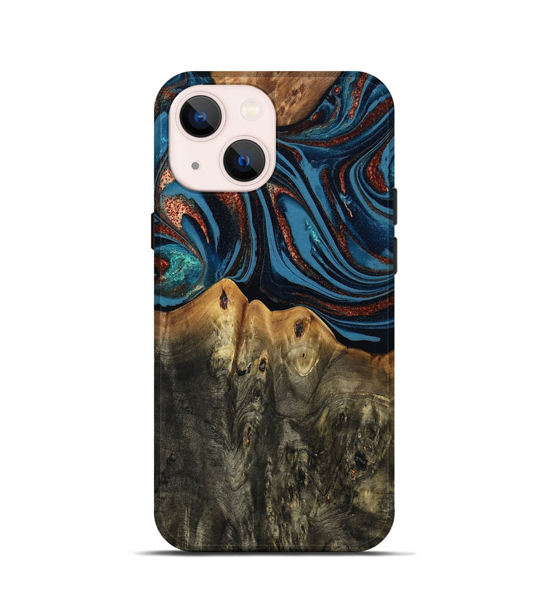 iPhone 13 mini Wood Live Edge Phone Case - Karin (Teal & Gold, 808007)