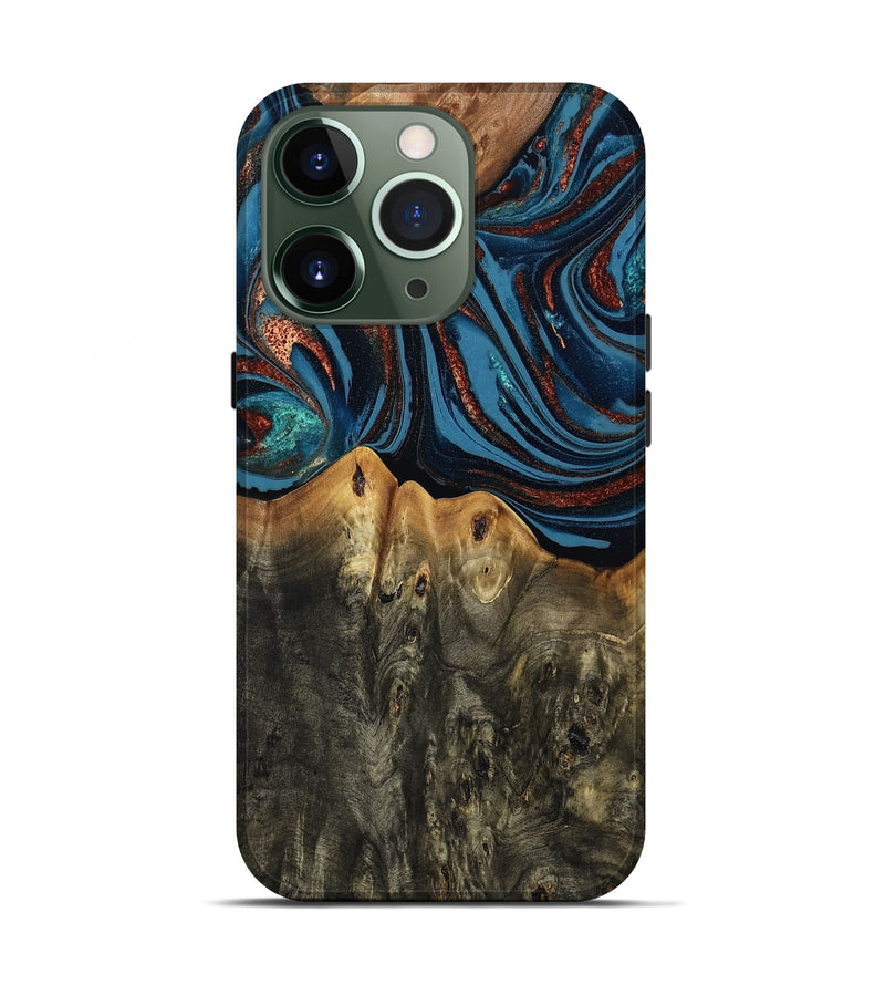 iPhone 13 Pro Wood Live Edge Phone Case - Karin (Teal & Gold, 808007)