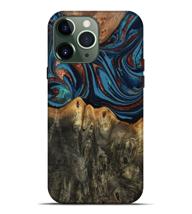 iPhone 13 Pro Max Wood Live Edge Phone Case - Karin (Teal & Gold, 808007)