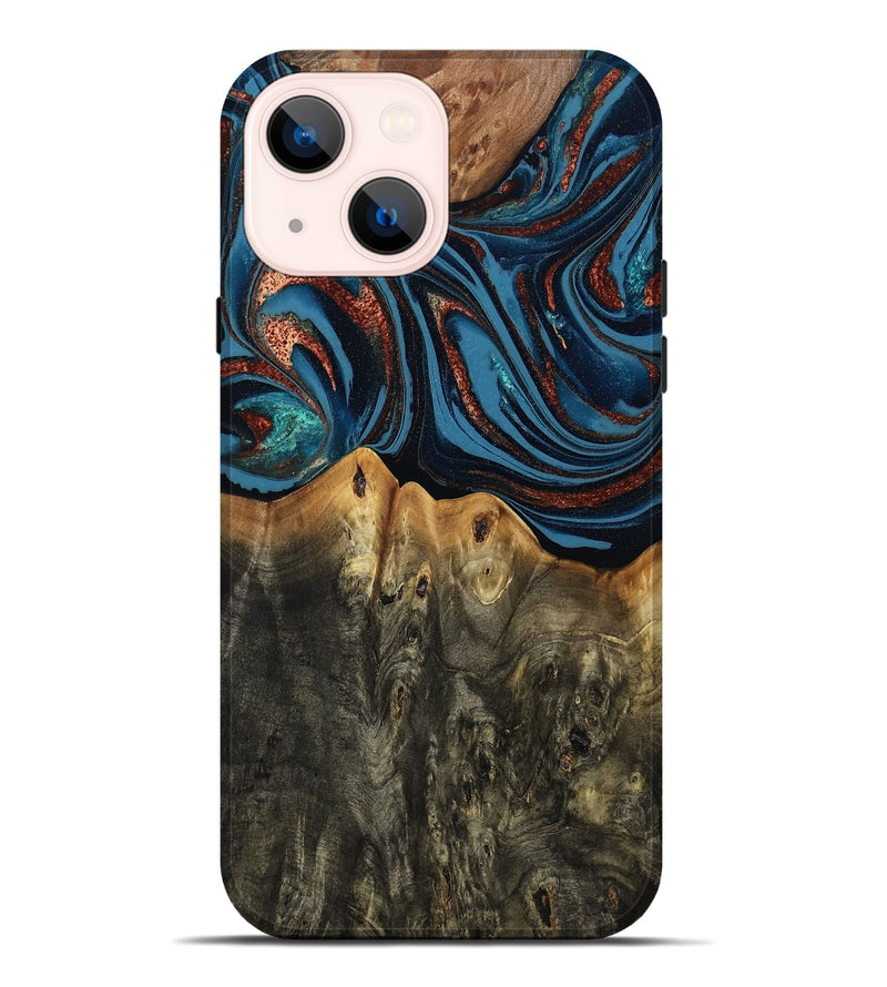 iPhone 14 Plus Wood Live Edge Phone Case - Karin (Teal & Gold, 808007)