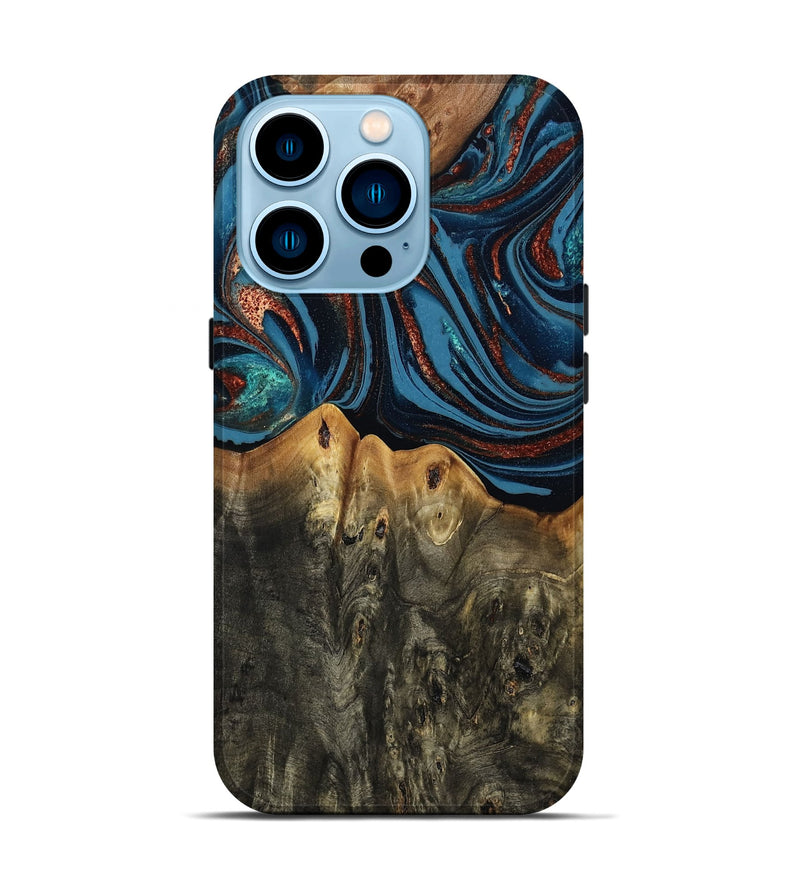 iPhone 14 Pro Wood Live Edge Phone Case - Karin (Teal & Gold, 808007)