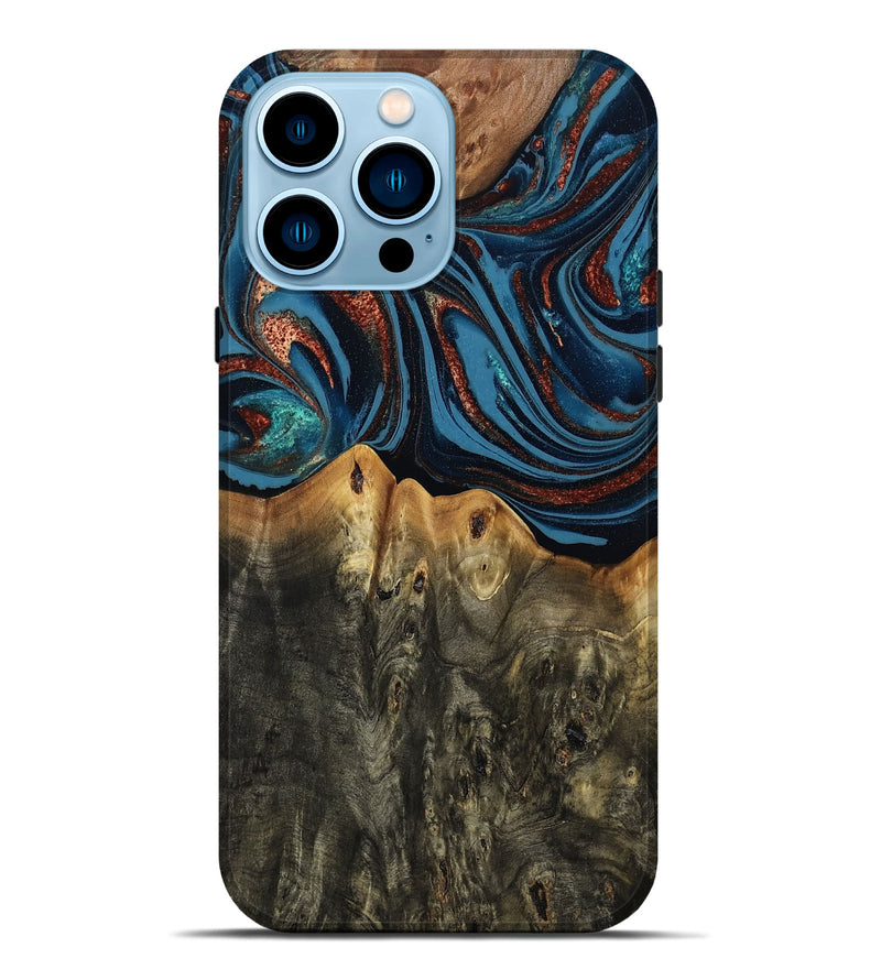 iPhone 14 Pro Max Wood Live Edge Phone Case - Karin (Teal & Gold, 808007)
