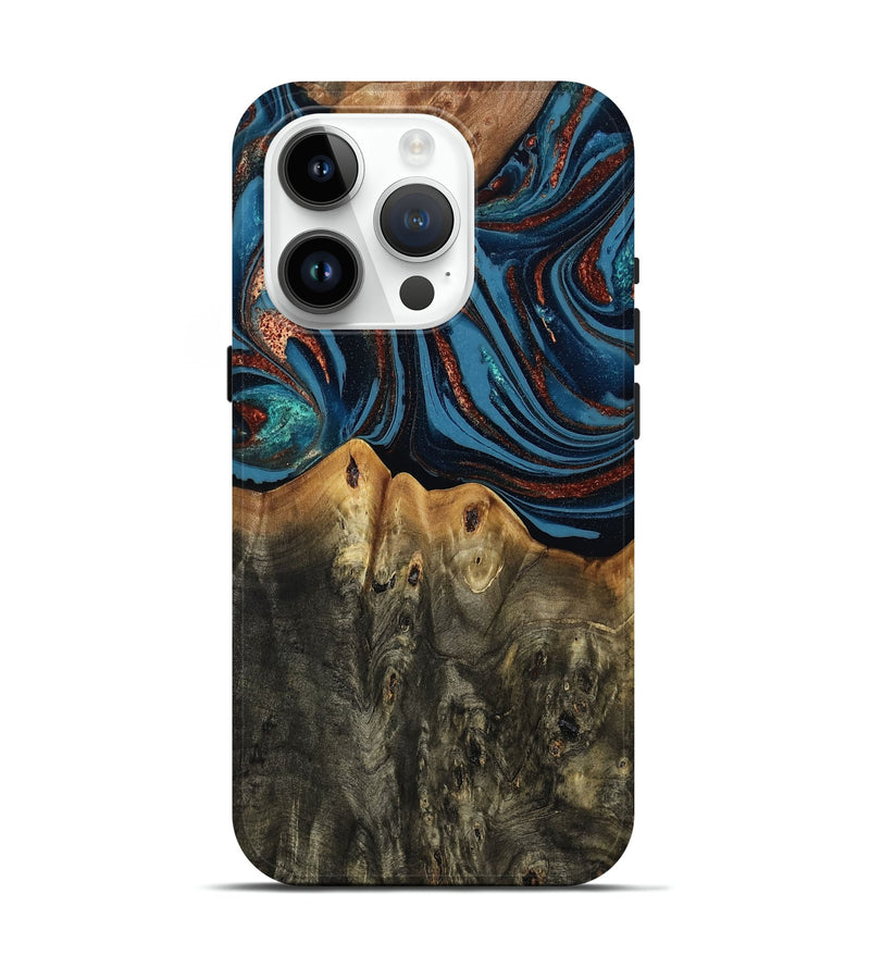 iPhone 15 Pro Wood Live Edge Phone Case - Karin (Teal & Gold, 808007)