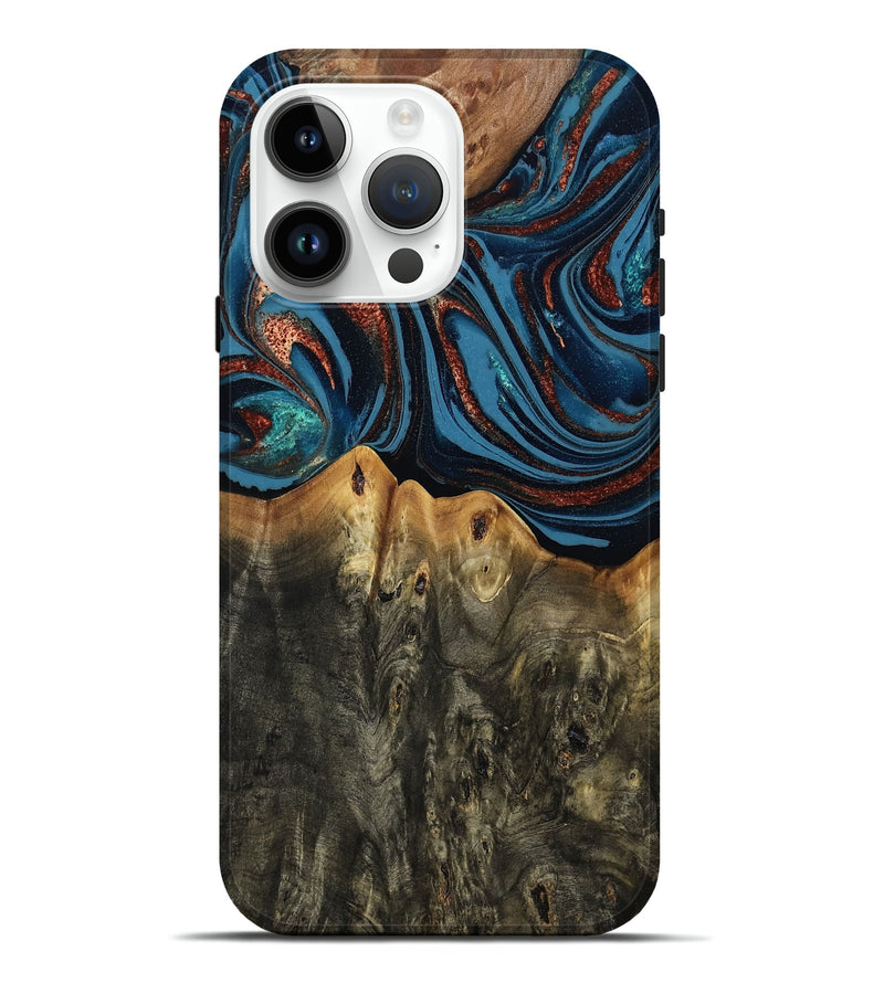 iPhone 15 Pro Max Wood Live Edge Phone Case - Karin (Teal & Gold, 808007)