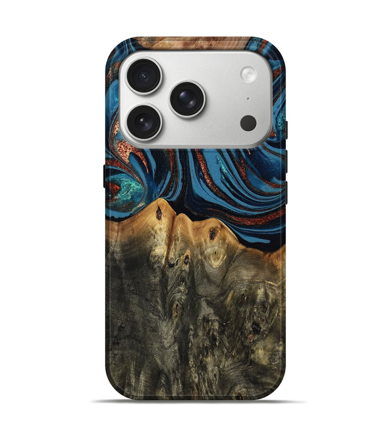 iPhone 17 Pro Wood Live Edge Phone Case - Karin (Teal & Gold, 808007)