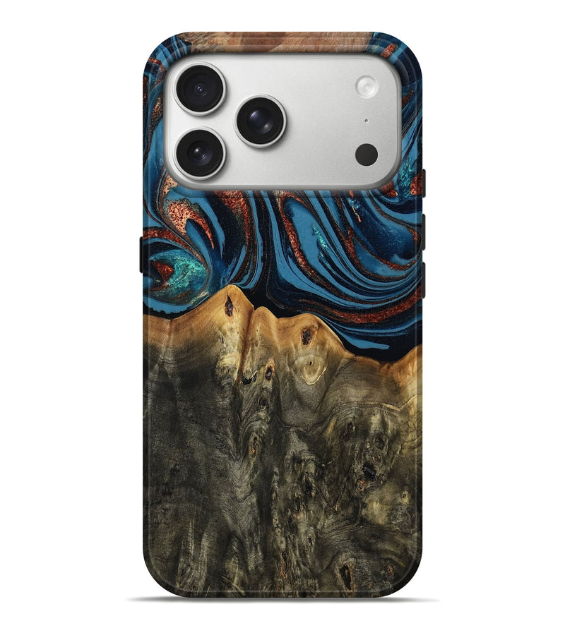 iPhone 17 Pro Max Wood Live Edge Phone Case - Karin (Teal & Gold, 808007)