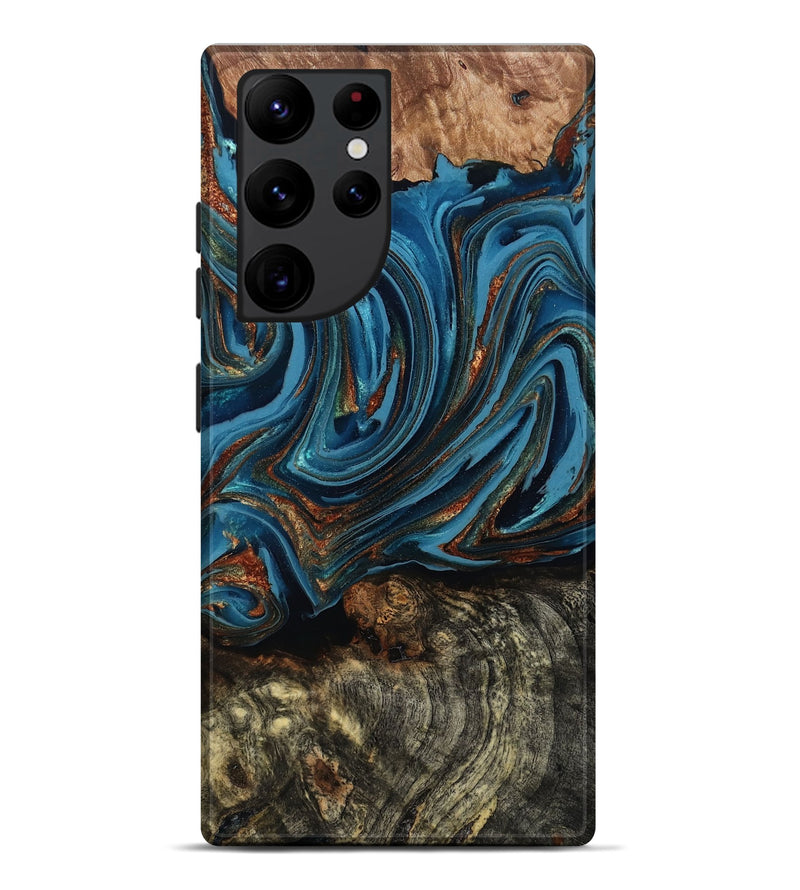 Galaxy S22 Ultra Wood Live Edge Phone Case - Breanne (Teal & Gold, 808021)