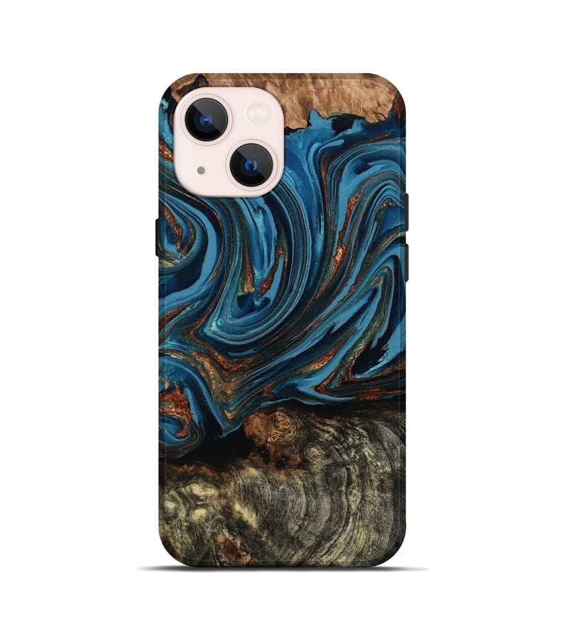 iPhone 13 mini Wood Live Edge Phone Case - Breanne (Teal & Gold, 808021)