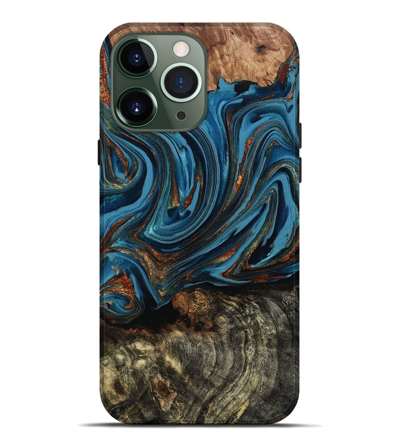 iPhone 13 Pro Max Wood Live Edge Phone Case - Breanne (Teal & Gold, 808021)