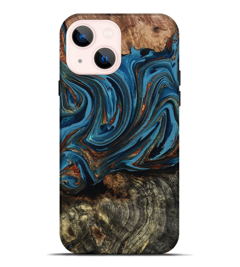 iPhone 14 Plus Wood Live Edge Phone Case - Breanne (Teal & Gold, 808021)