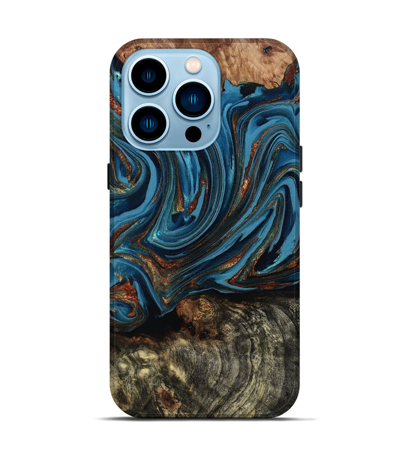 iPhone 14 Pro Wood Live Edge Phone Case - Breanne (Teal & Gold, 808021)