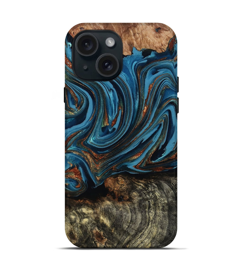 iPhone 15 Wood Live Edge Phone Case - Breanne (Teal & Gold, 808021)