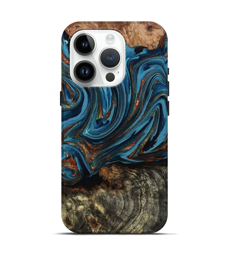 iPhone 15 Pro Wood Live Edge Phone Case - Breanne (Teal & Gold, 808021)