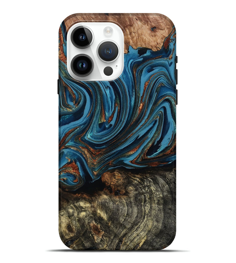 iPhone 15 Pro Max Wood Live Edge Phone Case - Breanne (Teal & Gold, 808021)