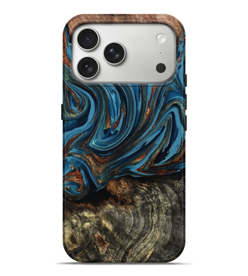iPhone 17 Pro Max Wood Live Edge Phone Case - Breanne (Teal & Gold, 808021)