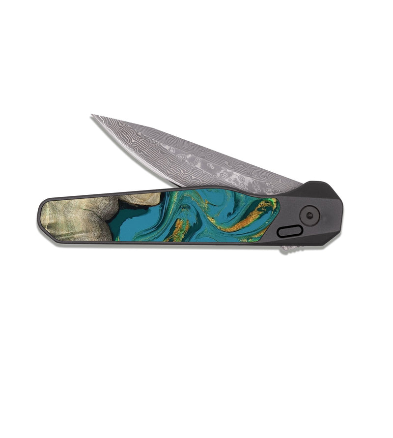 EDC Dark Damascus Wood Pocket Knife - Jamila (Teal & Gold, 808356)
