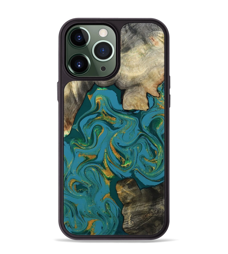 iPhone 13 Pro Max Wood Phone Case - Jamila (Teal & Gold, 808356)