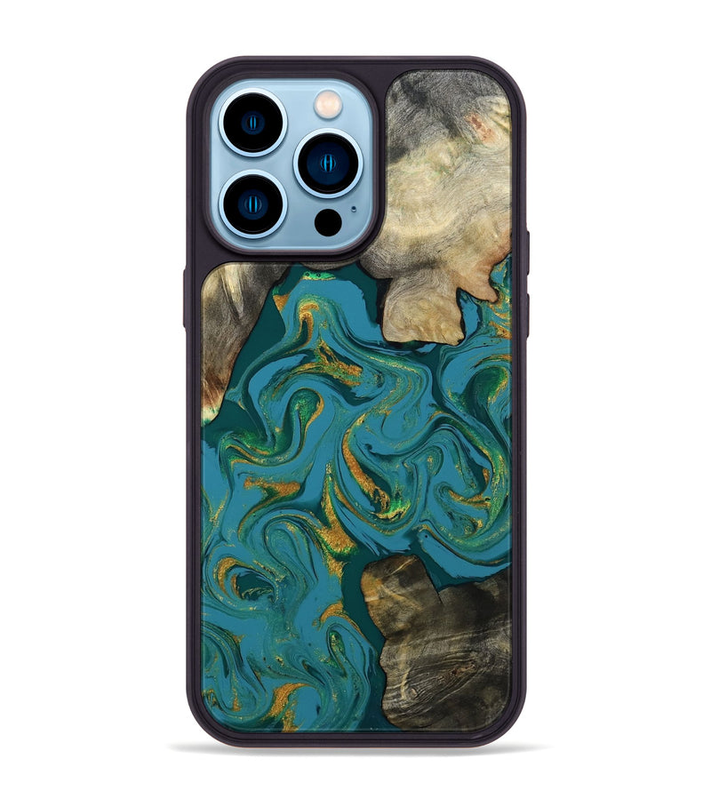 iPhone 14 Pro Max Wood Phone Case - Jamila (Teal & Gold, 808356)