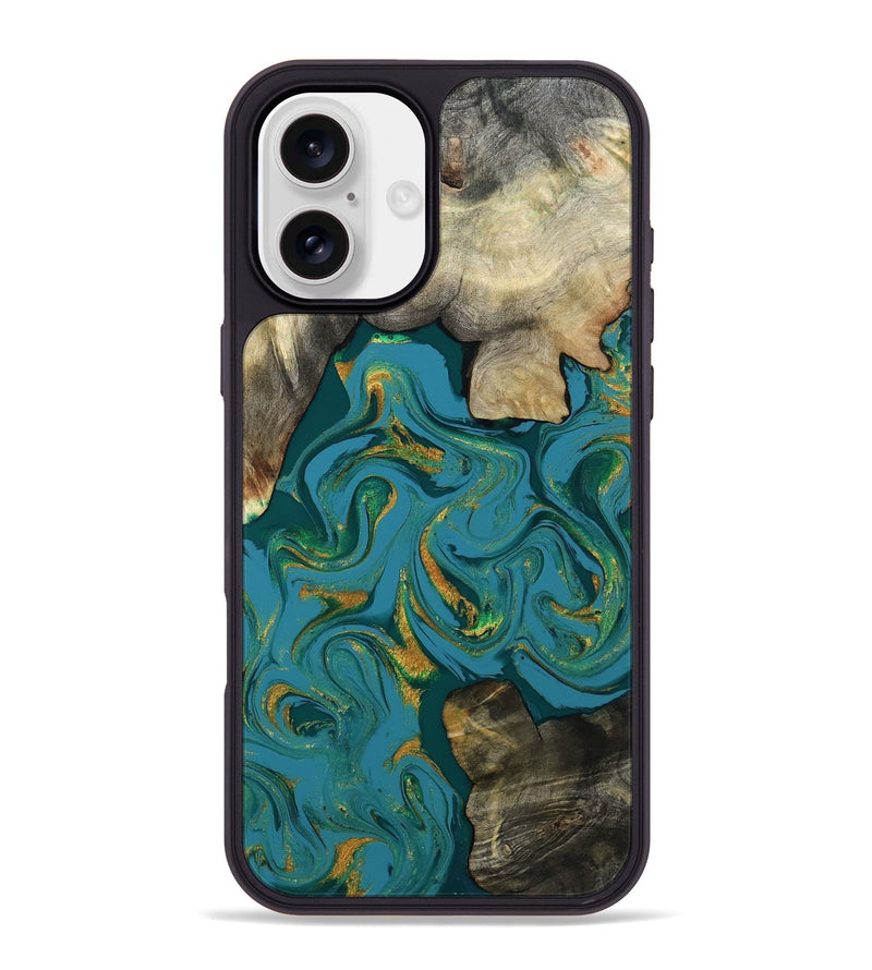 iPhone 16 Plus Wood Phone Case - Jamila (Teal & Gold, 808356)
