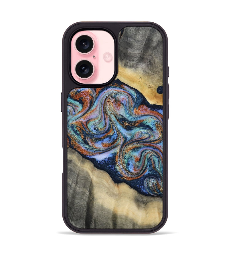 iPhone 16 Wood Phone Case - Calista (Teal & Gold, 808481)
