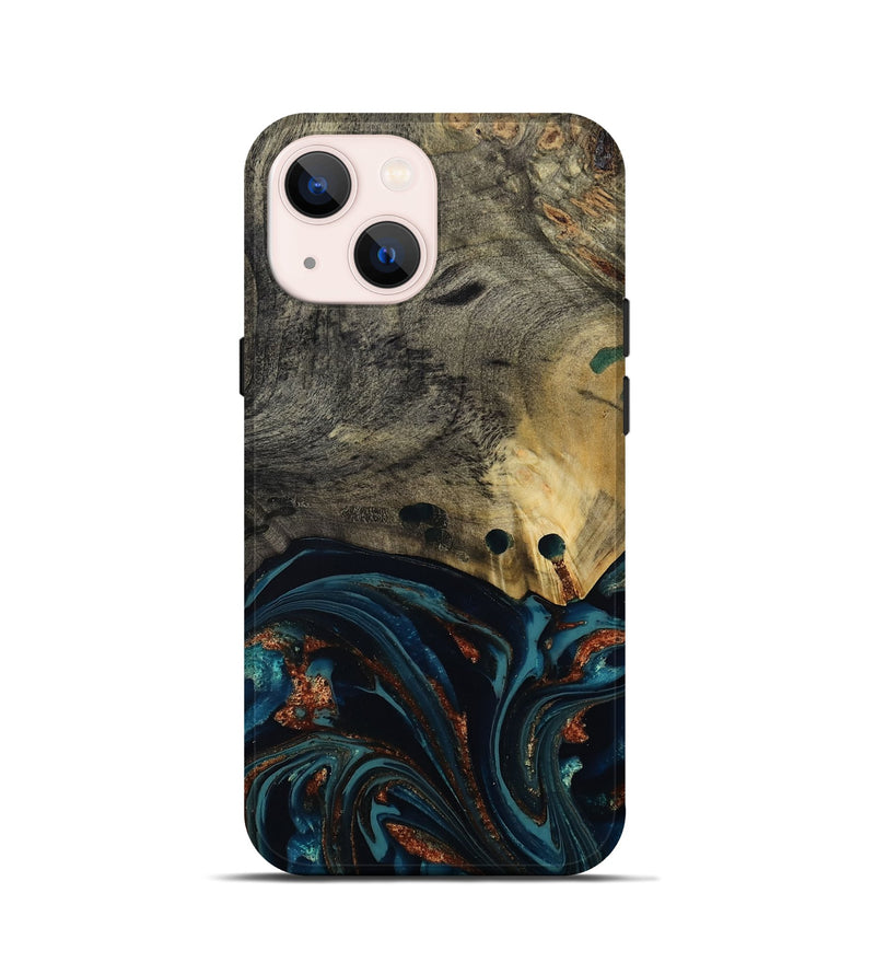 iPhone 13 mini Wood Live Edge Phone Case - Orlando (Teal & Gold, 808563)