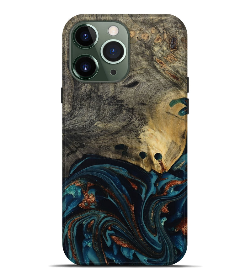 iPhone 13 Pro Max Wood Live Edge Phone Case - Orlando (Teal & Gold, 808563)