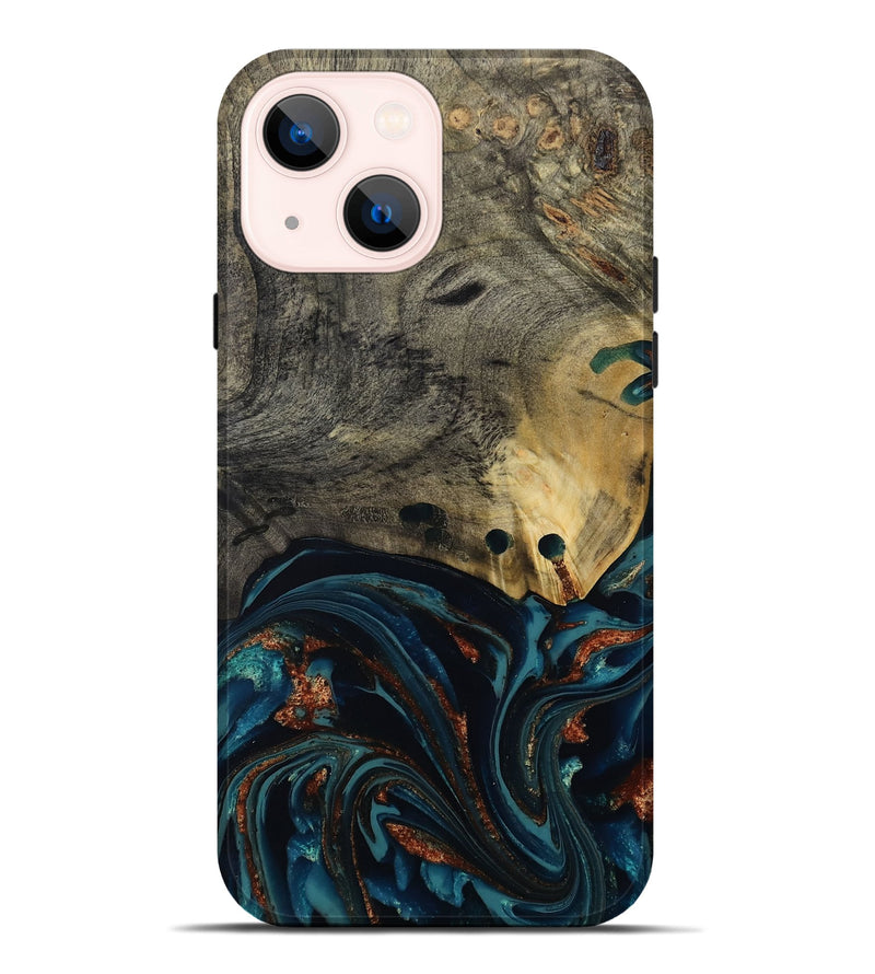 iPhone 14 Plus Wood Live Edge Phone Case - Orlando (Teal & Gold, 808563)