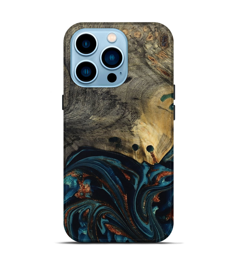 iPhone 14 Pro Wood Live Edge Phone Case - Orlando (Teal & Gold, 808563)