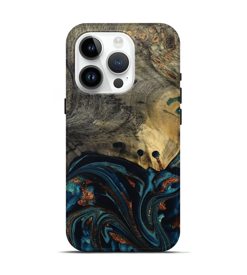 iPhone 15 Pro Wood Live Edge Phone Case - Orlando (Teal & Gold, 808563)