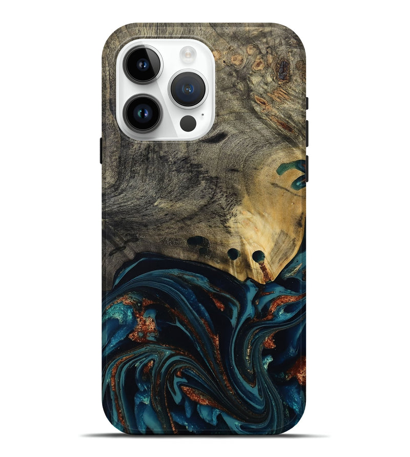 iPhone 15 Pro Max Wood Live Edge Phone Case - Orlando (Teal & Gold, 808563)
