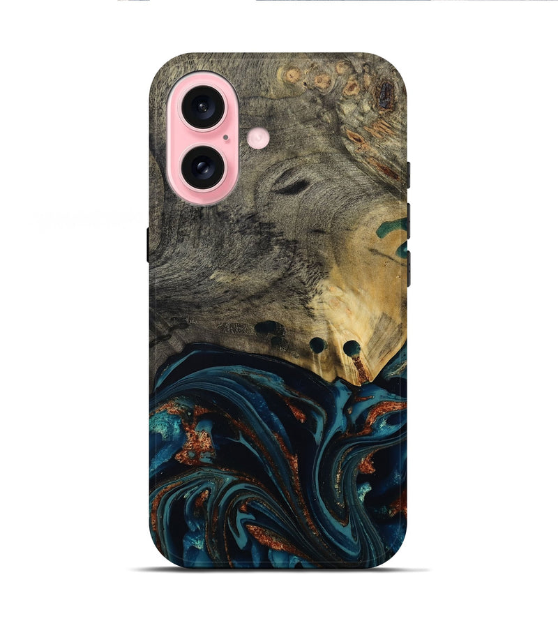 iPhone 16 Wood Live Edge Phone Case - Orlando (Teal & Gold, 808563)