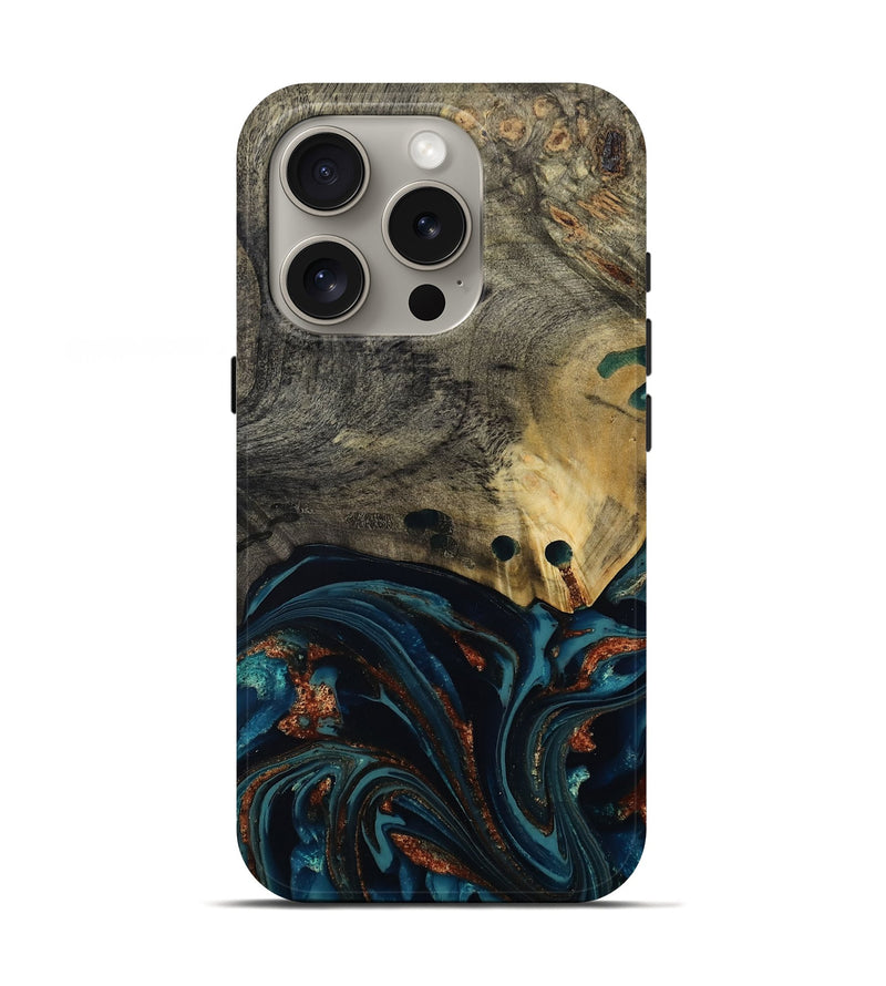 iPhone 16 Pro Wood Live Edge Phone Case - Orlando (Teal & Gold, 808563)