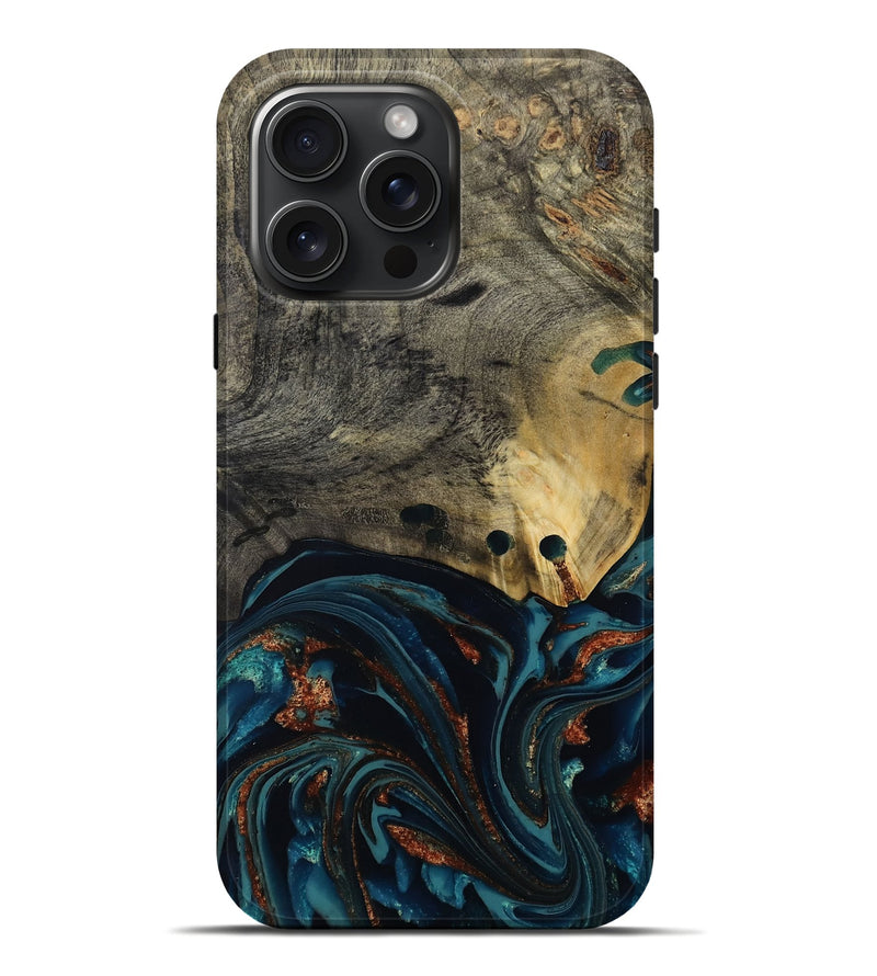 iPhone 16 Pro Max Wood Live Edge Phone Case - Orlando (Teal & Gold, 808563)