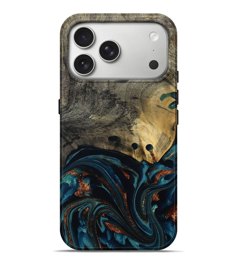 iPhone 17 Pro Max Wood Live Edge Phone Case - Orlando (Teal & Gold, 808563)