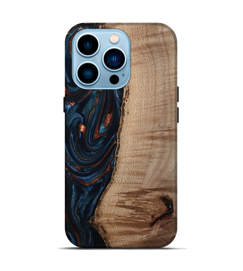 iPhone 14 Pro Wood Live Edge Phone Case - Calvin (Teal & Gold, 808625)