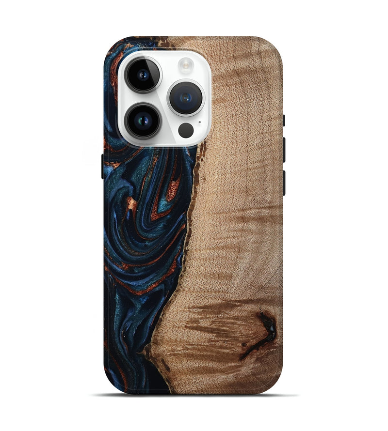 iPhone 15 Pro Wood Live Edge Phone Case - Calvin (Teal & Gold, 808625)