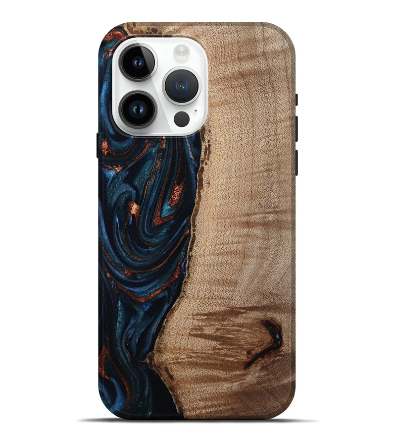 iPhone 15 Pro Max Wood Live Edge Phone Case - Calvin (Teal & Gold, 808625)