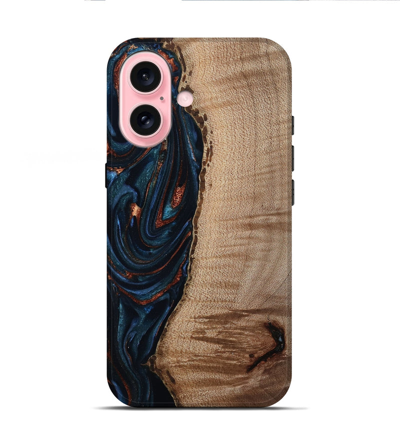 iPhone 16 Wood Live Edge Phone Case - Calvin (Teal & Gold, 808625)