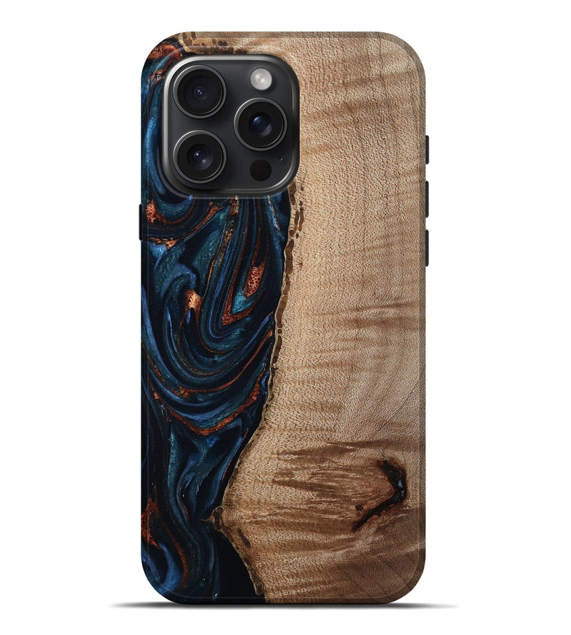 iPhone 16 Pro Max Wood Live Edge Phone Case - Calvin (Teal & Gold, 808625)
