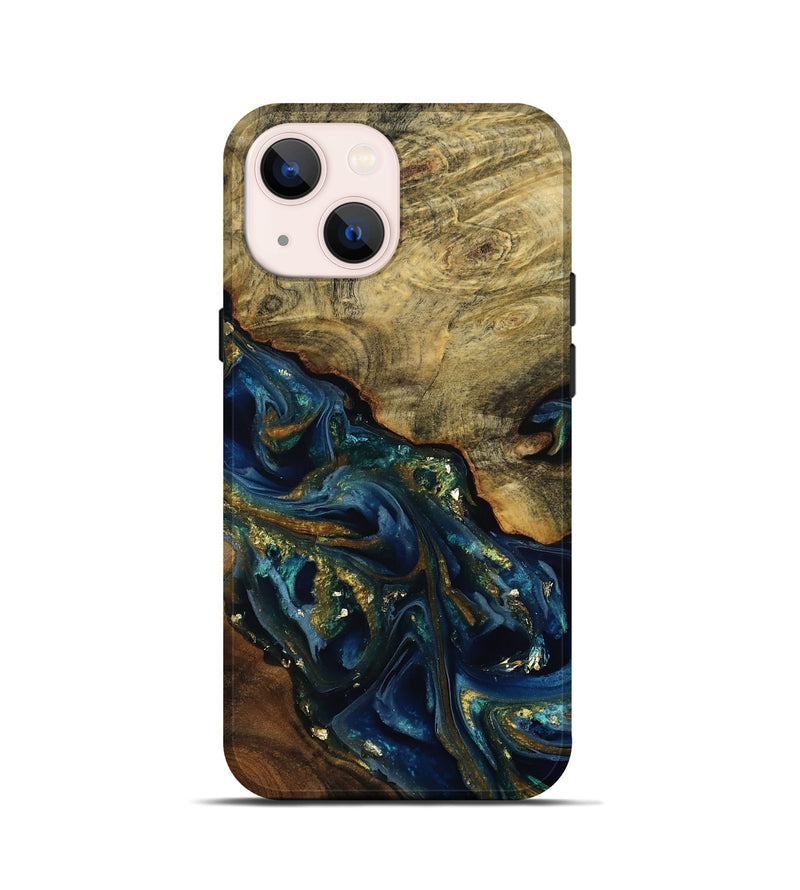 iPhone 13 mini Wood Live Edge Phone Case - Karri (Teal & Gold, 808650)