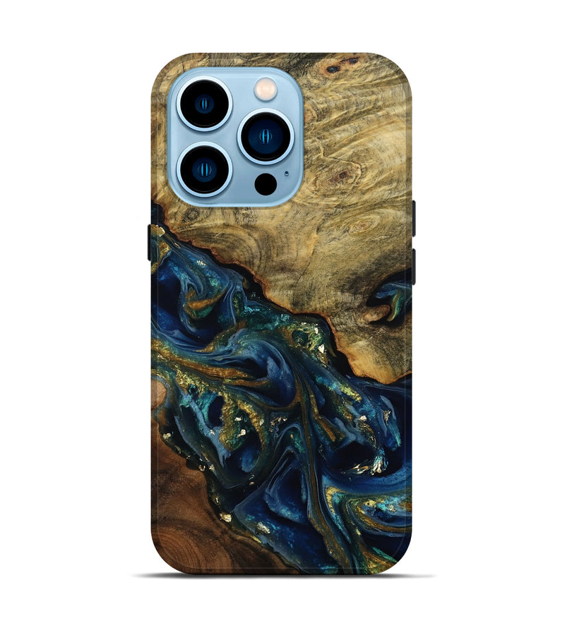 iPhone 14 Pro Wood Live Edge Phone Case - Karri (Teal & Gold, 808650)