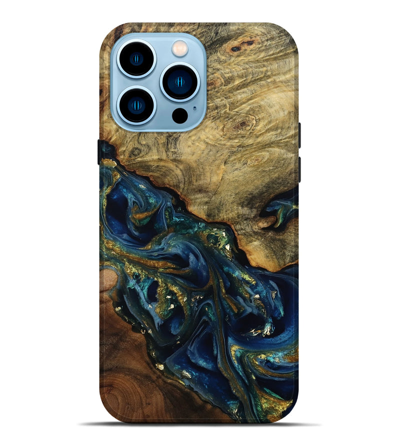 iPhone 14 Pro Max Wood Live Edge Phone Case - Karri (Teal & Gold, 808650)