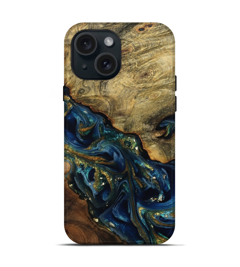 iPhone 15 Wood Live Edge Phone Case - Karri (Teal & Gold, 808650)